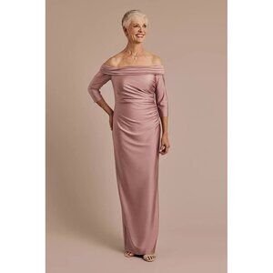 OLEG CASSINI maxi dress off the shoulder ruched pink quartz formal party 6